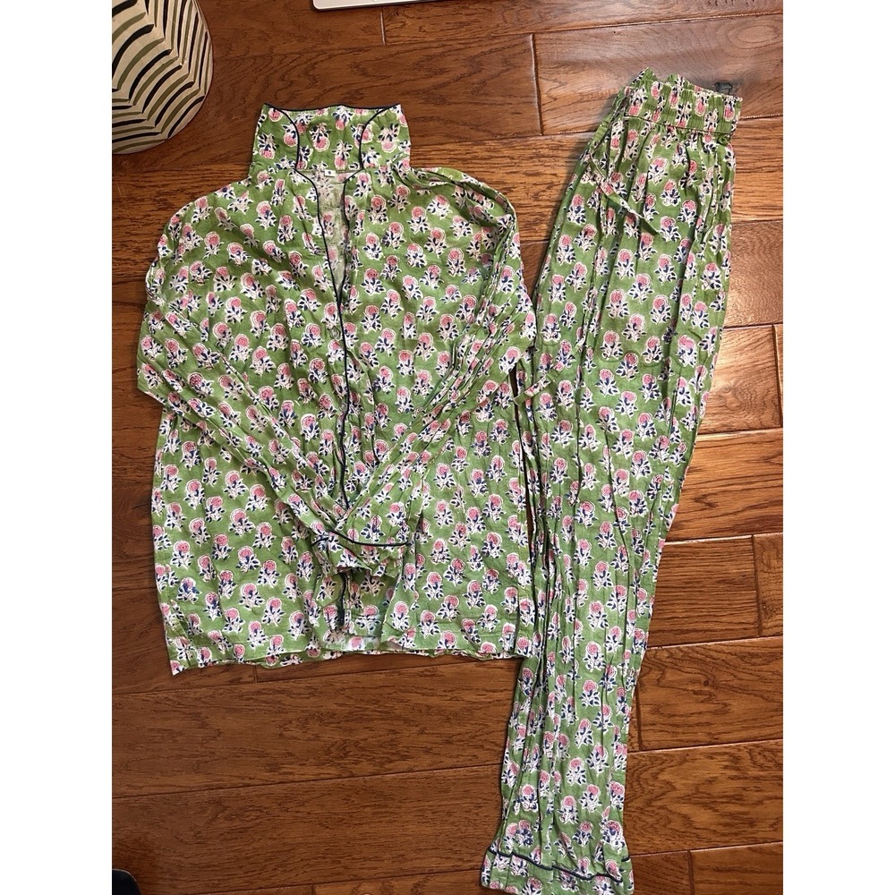 Indian Block Print Cotton Pajama Set Women S Floral Green Pink Long Sleeve 2PC